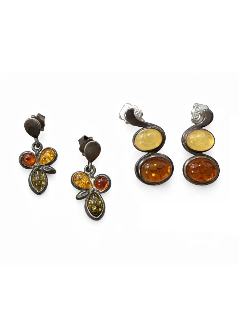 TWO PAIRS AUTHENTIC AMBER Sterling Silver Earrings